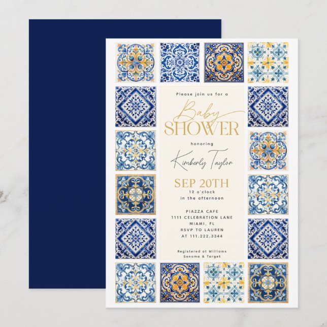 Blue Yellow Tiles Italienische Babydusche Einladung (Vorne/Hinten)