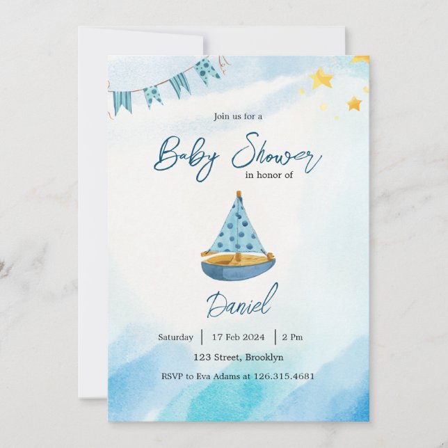 Blue Yellow Watercolor Boat Babydusche Einladung (Vorderseite)