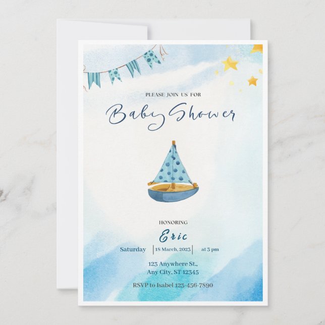 Blue Yellow Watercolor Boat Kinderdusche Einladung (Vorderseite)
