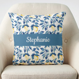 Blue Yellow Watercolor Lemon Monogram Name Kissen