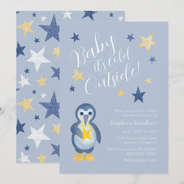 Blue Yellow Winter Pinguin Baby Dusche Einladung (Vorne/Hinten)