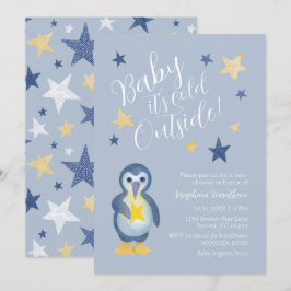 Blue Yellow Winter Pinguin Baby Dusche Einladung