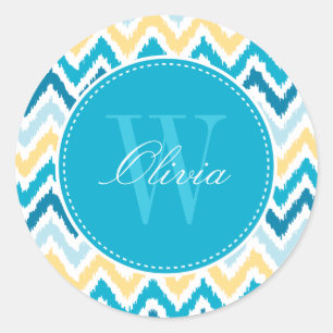 Blue Yellow Zigzag Ikat Pattern Monogram Runder Aufkleber