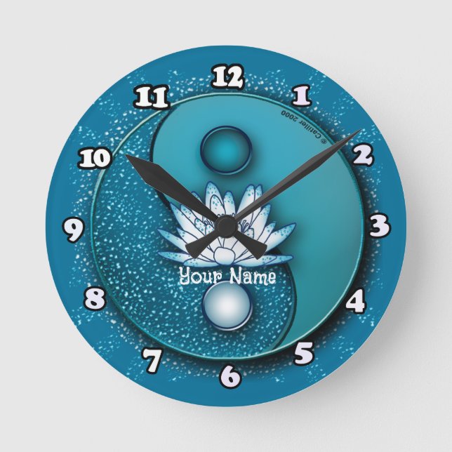 Blue Yin Yang Lotus Clock Runde Wanduhr (Vorderseite)