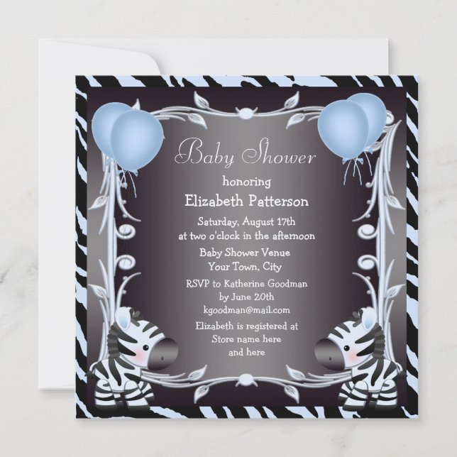 Blue Zebra & Balloons Animal Print Baby Dusche Einladung (Vorderseite)