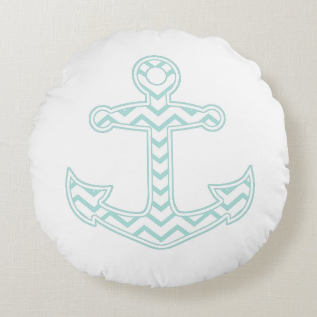Blue Zickzack Anchor Nautical Rundes Kissen (Vorderseite)