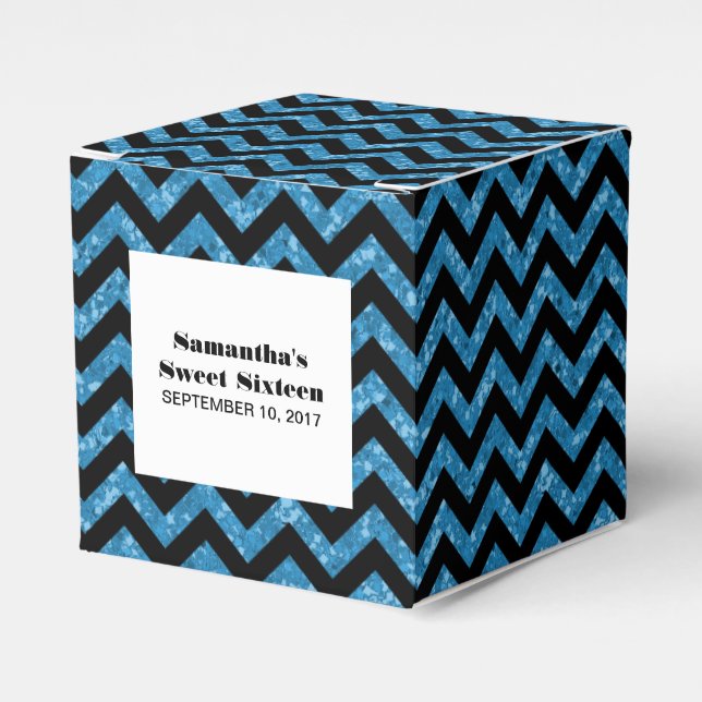 Blue Zickzack Glitzer Sweet 16 Gefälligkeitsboxen Geschenkschachtel (Vorderseite)