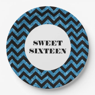 Blue Zickzack Glitzer Sweet 16 Paper Tellers Pappteller