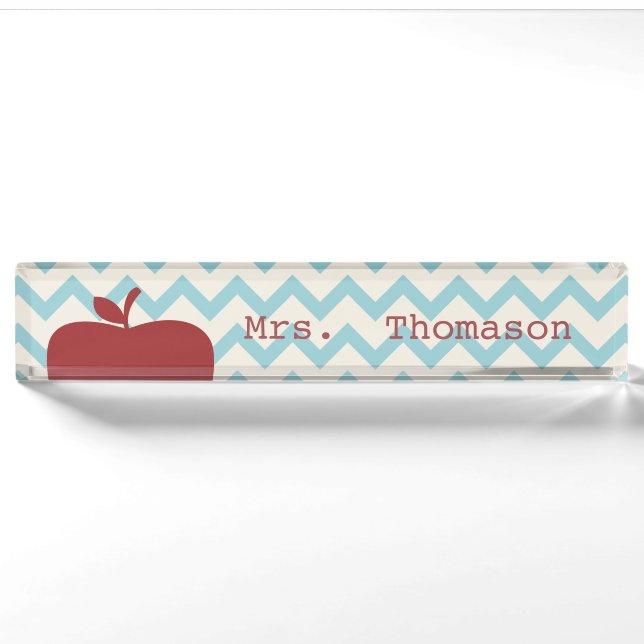 Blue Zickzack Red Apple Teacher Namplate Namensplakette (Vorderseite)