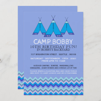 Blue Zickzack Tipi, Camping Geburtstag Einladung