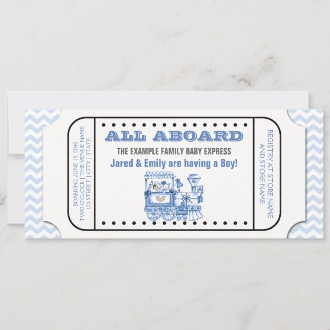 Blue Zickzack Vintag Train Ticket Baby Shower Einladung (Vorderseite)