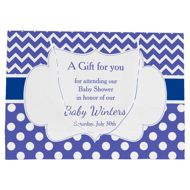 Blue Zickzack & White Polka Dots Baby Dusche Party Große Geschenktüte (Rückseite)