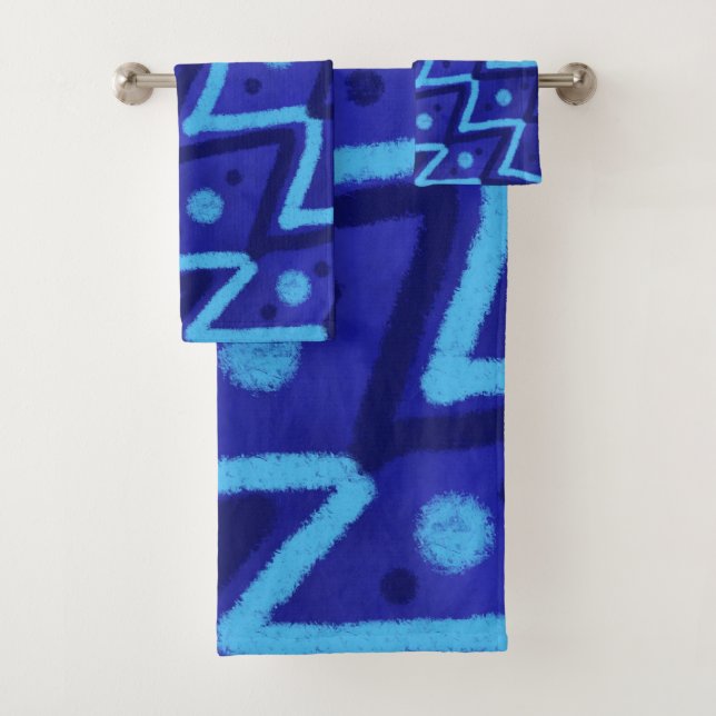 Blue Zig Zags Dots Funky Pattern  Badhandtuch Set (Insitu)