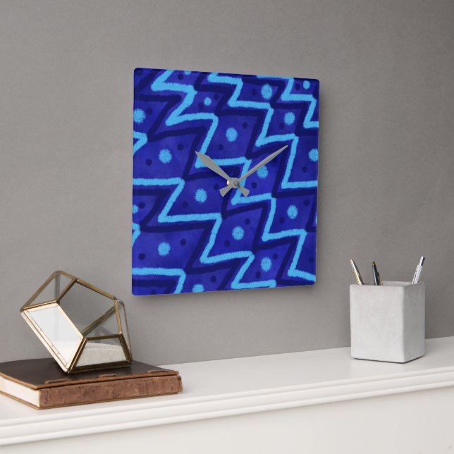 Blue Zig Zags Dots Funky Pattern  Quadratische Wanduhr (Büro)