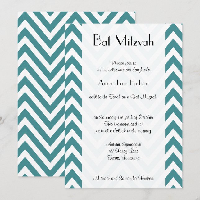 Blue Zigzag, Blue Zickzack, Zigzag, Bat Mitzvah Einladung (Vorne/Hinten)