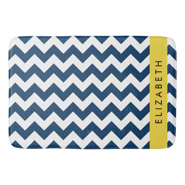 Blue Zigzag, Navy Blue Zickzack, Ihr Name Badematte (Vorderseite)