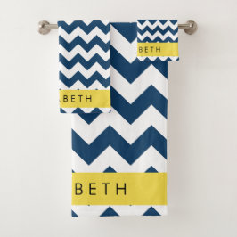 Blue Zigzag, Navy Blue Zickzack, Ihr Name Badhandtuch Set