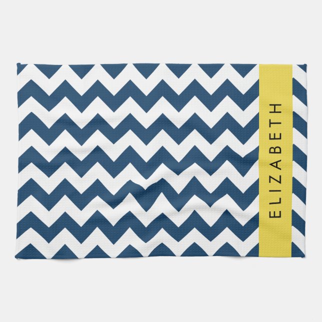 Blue Zigzag, Navy Blue Zickzack, Ihr Name Geschirrtuch (Horizontal)