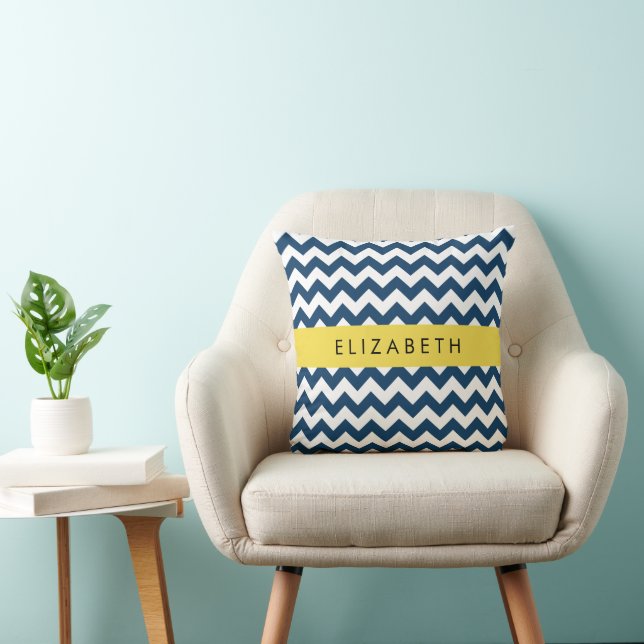 Blue Zigzag, Navy Blue Zickzack, Ihr Name Kissen (Stuhl )