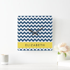 Blue Zigzag, Navy Blue Zickzack, Ihr Name Quadratische Wanduhr