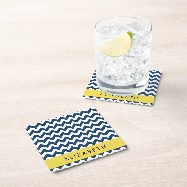 Blue Zigzag, Navy Blue Zickzack, Ihr Name Rechteckiger Pappuntersetzer (Vor Ort)