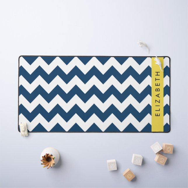 Blue Zigzag, Navy Blue Zickzack, Ihr Name Schreibtischunterlage (Kindertisch)
