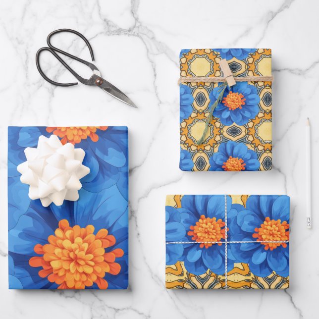 Blue Zinnia orange Centre Geschenkpapier Set (Vorderseite)