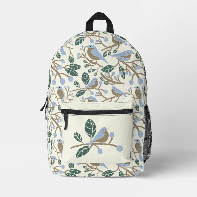 Bluebeeren und Bluebirds Light Blue, Brown, Creme Bedruckter Rucksack (Vorderseite)