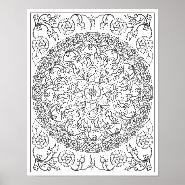 Bluebells and Vines Mandala Adulting Coloring Poster (Vorne)