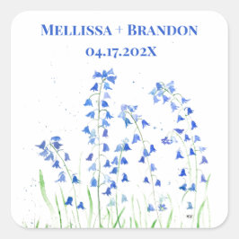 Bluebells Blue Floral Summer Watercolor botanisch Quadratischer Aufkleber