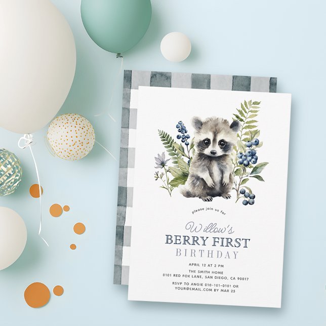 Blueberries & Raccoon Boy Berry First 1st Birthday Einladung (Von Creator hochgeladen)