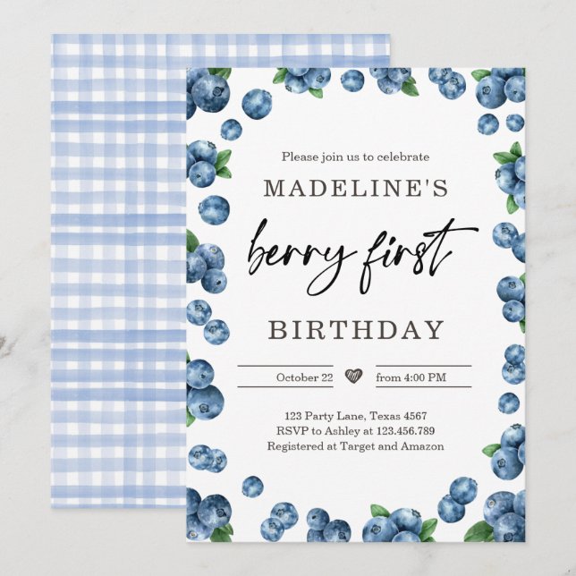 Blueberry Berry Sweet 1. Geburtstag Einladung (Vorne/Hinten)