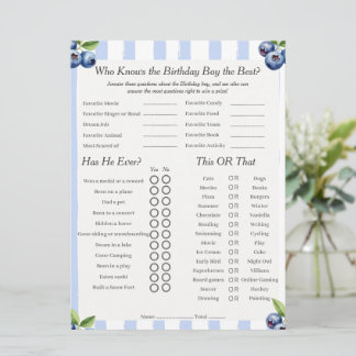 Blueberry Birthday Boy Trivia Trio Game Card Feiertagskarte