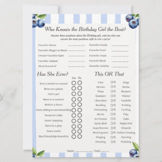 Blueberry Birthday Girl Trivia Trio Game Card Feiertagskarte