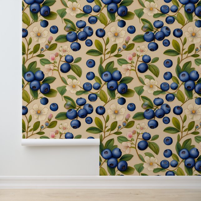 Blueberry blüht grüne Branchen Wiederholung Muster Tapete (Anwendung)