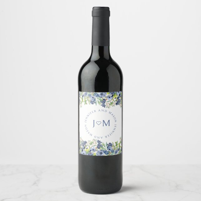 Blueberry Brautbräutigam Monogramm Trauweinetikett Weinetikett (Vorderseite)