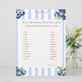 Blueberry First Birthday Word Scramble Antwort Feiertagskarte
