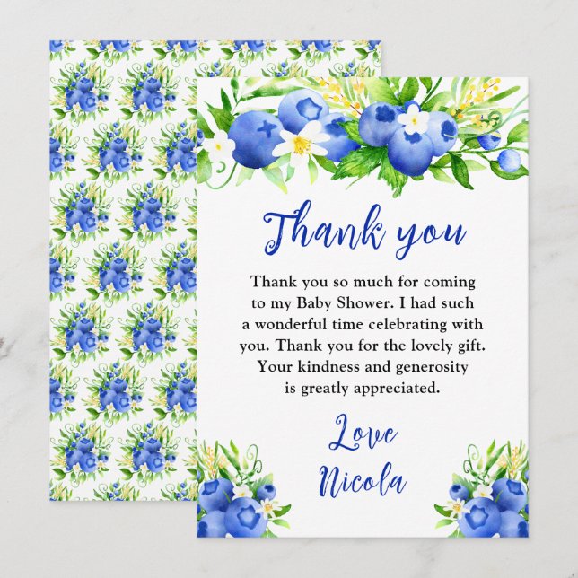 Blueberry Floral Baby Shower Dankeskarte (Vorne/Hinten)