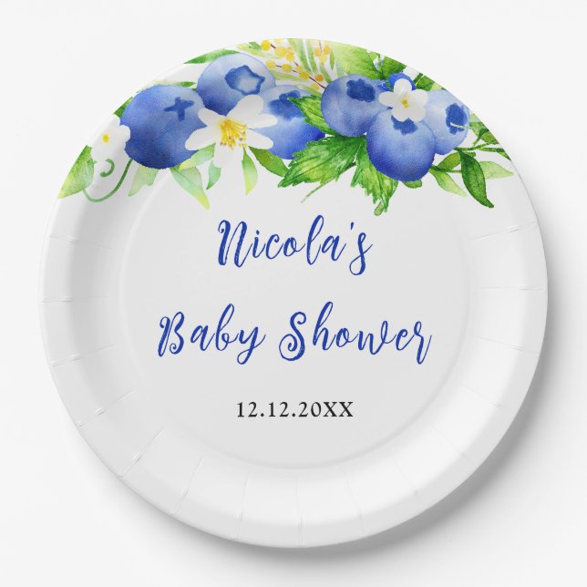 Blueberry Floral Baby Shower Pappteller (Vorderseite)