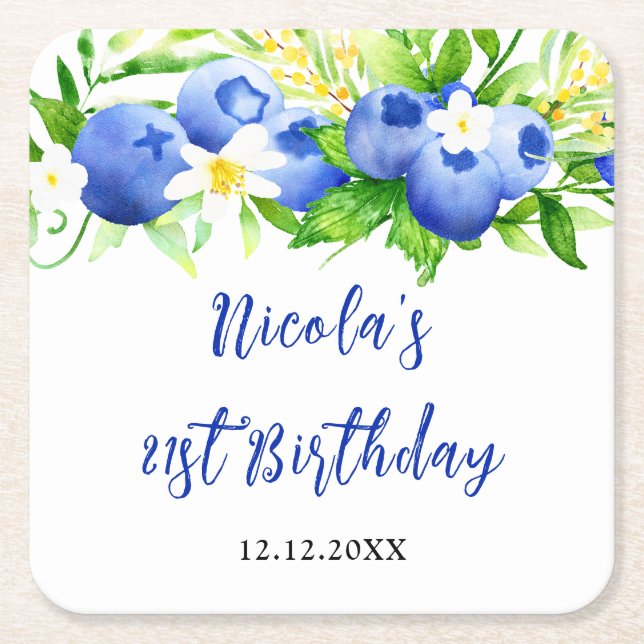 Blueberry Floral Birthday Rechteckiger Pappuntersetzer (Vorderseite)