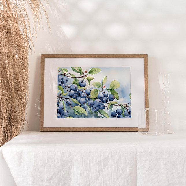 Blueberry Fruit Pflanze Aquarell drucken Poster (Watercolor print portraying the lush beauty of a blueberry bush laden with ripe, juicy berries.)