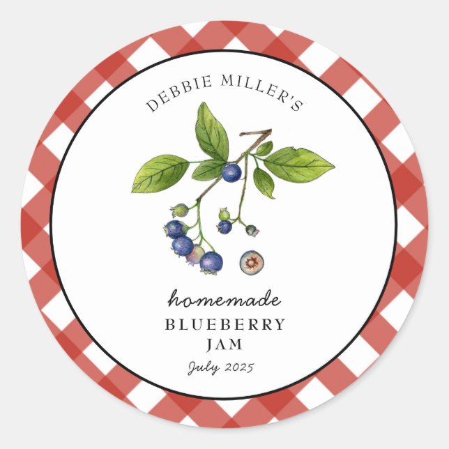 Blueberry Jam Gingham Jam. Jar Runder Aufkleber (Vorderseite)
