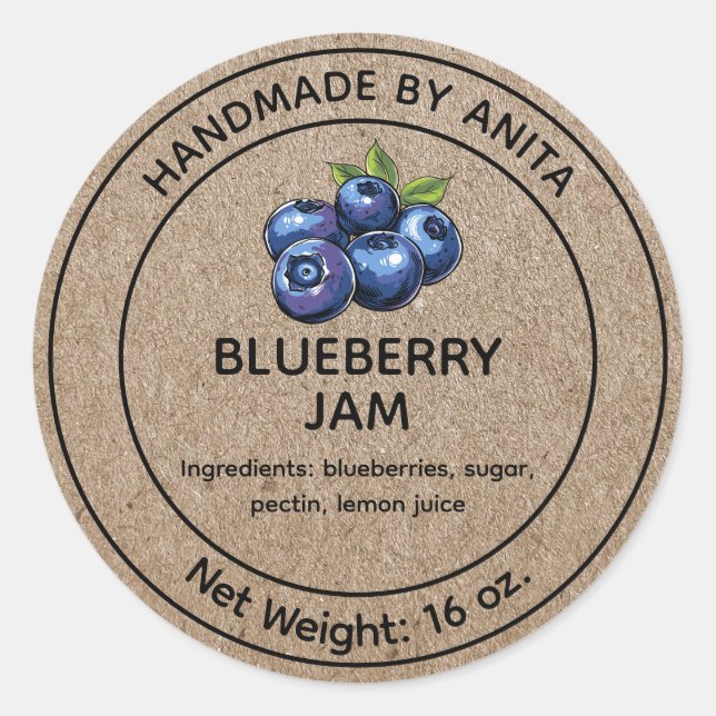 Blueberry Jam Jelly Jar Label Kraft Paper Style Runder Aufkleber (Vorderseite)