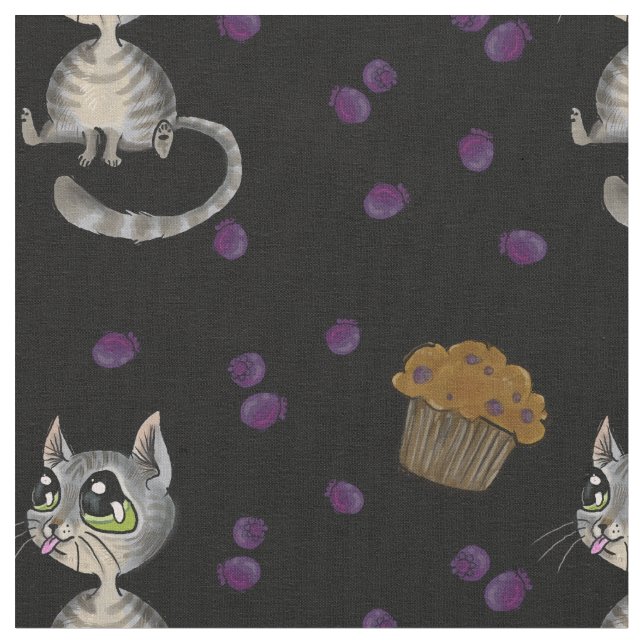 Blueberry Muffin Bloop Kitty Pattern Dark Fabric Stoff (Nahaufnahme)