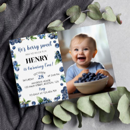 Blueberry Sweet First Birthday Photo Invitation Einladung