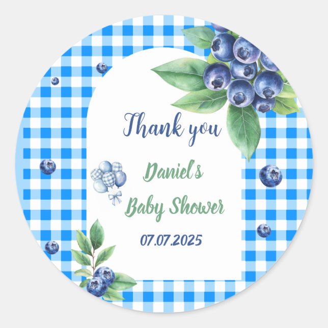 Blueberry-Themed Gingham Sweet Baby Shower Runder Aufkleber (Vorderseite)
