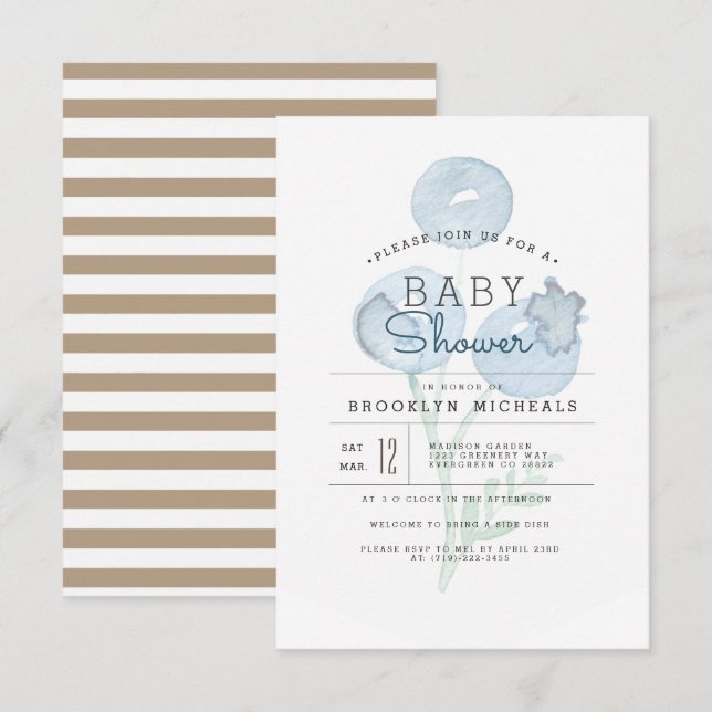 Blueberry Trio | Berry Watercolor Babydusche Einladung (Vorne/Hinten)