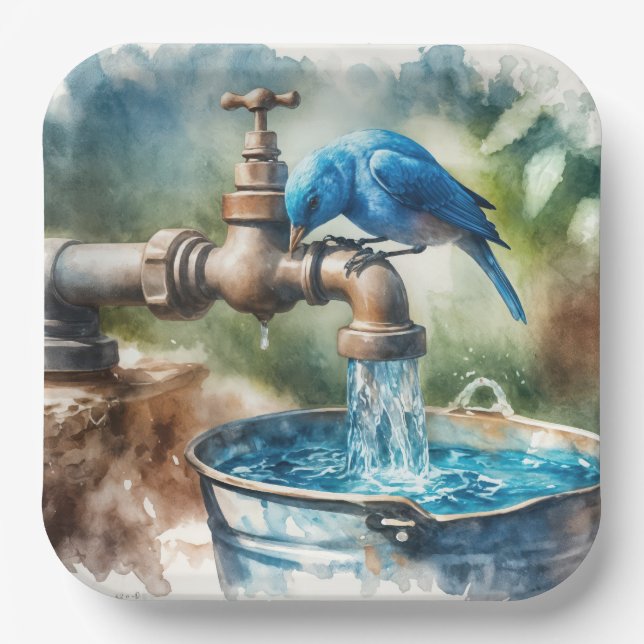 Bluebird auf einem alten Wasserhahn Pappteller (Vorderseite)