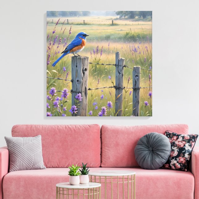 Bluebird auf einem Zaunpfosten Leinwanddruck (Insitu (Wohnzimmer))
