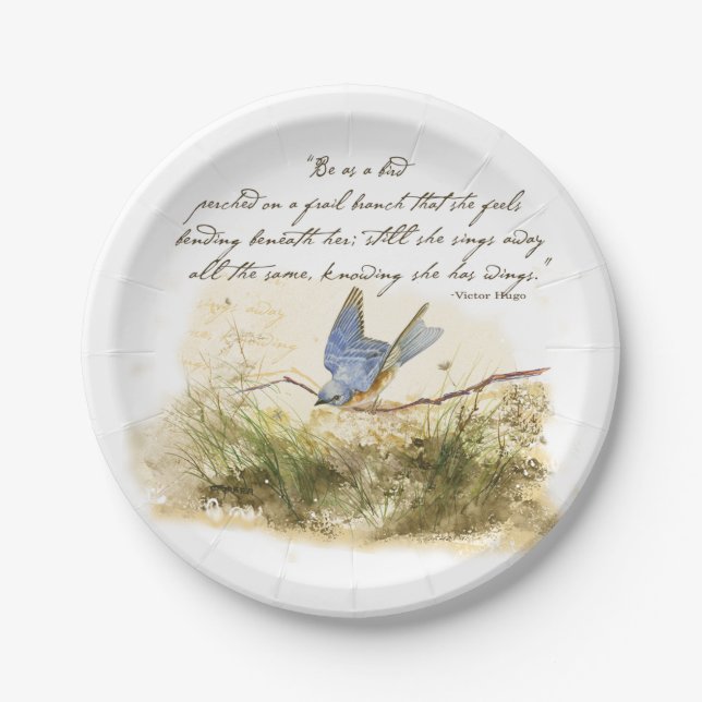 Bluebird auf Zweig Victor Hugo Inspirationsegedich Pappteller (Vorderseite)